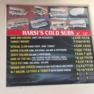 Cold subs menu