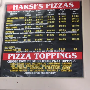 Pizza menu