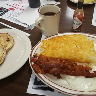 2 eggs &amp; bacon with hashbrowns, English muffin, coffee and Tabasco.   doesn't hey much better.   huge portions, great price.