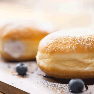 Studded Donuts: blueberry compote, whipped cheesecake filling, powdered sugar, balsamic reduction