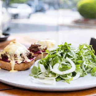Short Rib Benedict: pickled red cabbage, horseradish hollandise, poached eggs, rye roll, arugula salad
