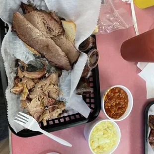 Two Meat Dinner with Baked Beansand Potato Salad and blueberry lemonade