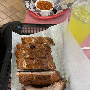 Half Rack of Ribs, Baked Beans and Cole Slaw with pineapple lemonade
