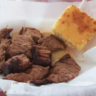 Chunks of brisket and cornbread