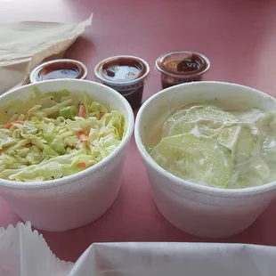 Coleslaw and creamy cucumbers