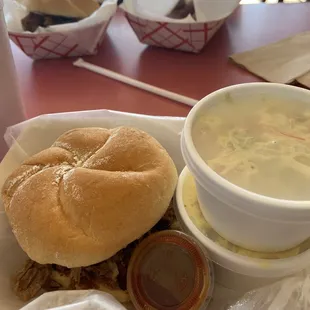 Brisket sandwich, Potato Salad, Cole Slaw