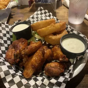 Bacon maple glazed wings with onion rings...