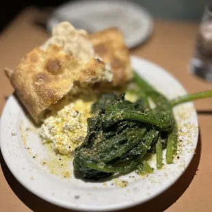 Fresh ricotta with steamed spinach, bottarga and pizza bianca