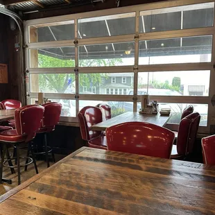 Dining tables, fun red chairs