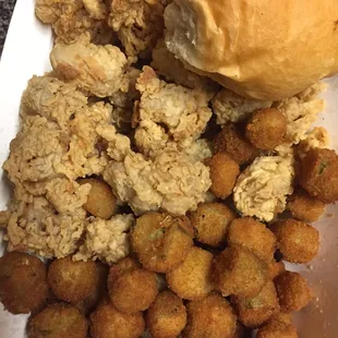 Fried Gizzards &amp; Okra with a roll