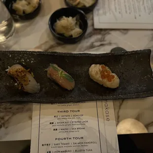 Third tour- left to right: sea bream, striped jack, scallop