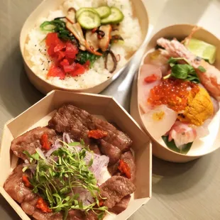 Omakase Chirashi Miyazaki A5 Wagyu (6 pieces)  Sushi rice that came with the Omakase Chirashi Kimnio sparkling yuzu juice