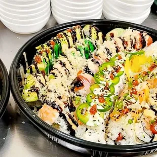 a variety of sushi dishes