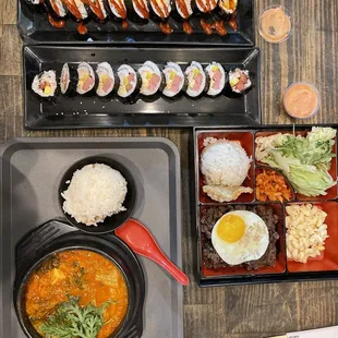 Kimchi Soup (Pork &amp; Kimchi) w/ Rice, Bulgogi Box, Spam Gimbap, Spicy Tuna Gimbap