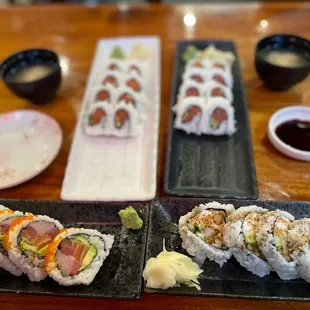 Rainbow roll. Spicy tuna. Shrimp tempura.