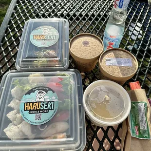 TORI MEAL, Spicy Yellowtail Nachos, Miso Soup, Seaweed Salad, Ramune (original), Noodle Salad(special off menu item that was complimentary)