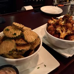 Fried pickles and Buffalo cauliflower