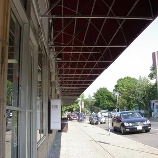 under the overhang there are benches