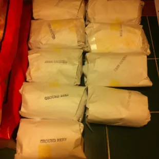 9 ( supposed to be pound each some are only 1/2 pound!!!) of ground beef