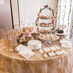 Cream puffs, chocolate cupcakes, fruit tarts, cheesecakes, vegan brownies, chocolate, vanilla and raspberry macaroons, cannolis,