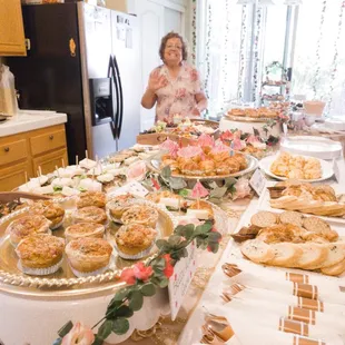 Broccoli and carrot quiches,  charcuterie boards Chicken salad sandwiches, cheese scones, roast beef and provolone sandwiches