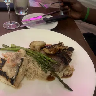 Surf and turf Delmonico steak and halibut amazing