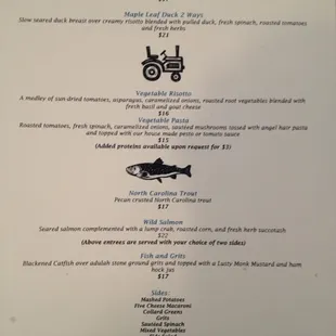 Dinner menu