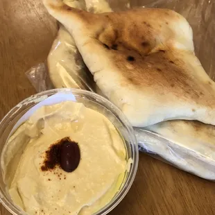 Fresh hummus and bread.