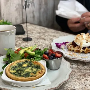 Spinach and feta quiche and waffle with compote.