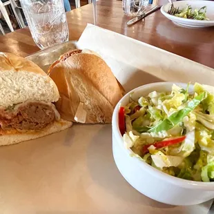 Meatball sub with brussels sprouts slaw