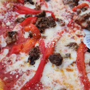 Veggie chorizo and roasted red peppers