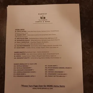 One side of a two-sided menu with many choices