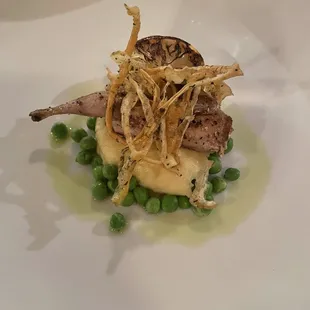 Quail with parsnip puree and peas