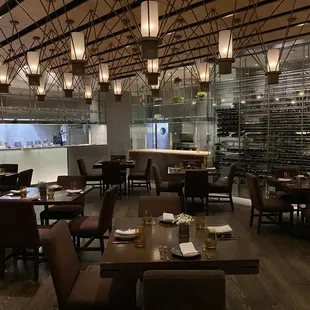 Open kitchen, top notch wine racks, ample seating