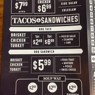 a menu for a variety of tacoss and sandwiches