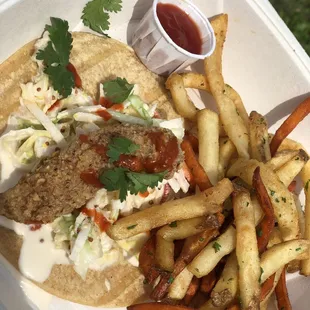 Walleye taco with fries, yummo!!!