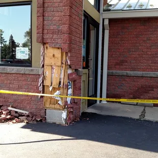 Some half-wit punk kid in a pickup side-wiped the entryway of Harvest Moon. Can you say low I.Q.?