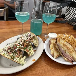 Fried avocado tacos and Gorilla cheese with a Tiffany carafe on the side. Yes please! Food &amp; drink were delicious