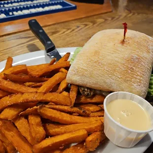Moon Chicken Sandwhicj with sweet potatoes fries.
