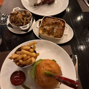 Harvest Table Burger, Berkshire Pork Chop, Roasted Mushrooms.