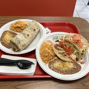 Carne asada burrito combo plate and fish tacos combo plate