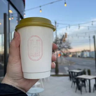 Lavender Vanilla Oatmilk Latte just before sunset