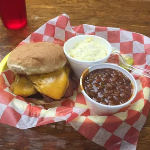 Smoked bologna sandwich with beans and potato salad, AMAZING!