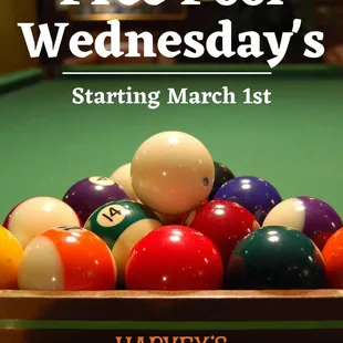 Every Wednesday it&apos;s Free Pool All Day!! 
Whiskey Wednesday Drink Specials 
$5 shots of Jack, Jim, Jameson and Wild Turkey