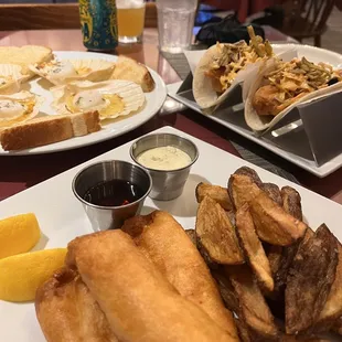 Fish n chips, scallops, artichoke heart tacos