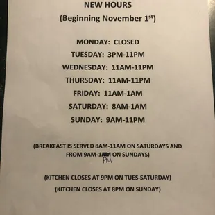 New Hours begin November 1st 2021
