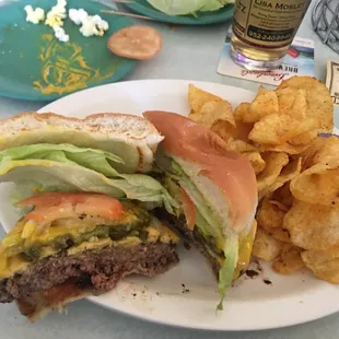 California cheese burger. Jalapeños, homemade chips.