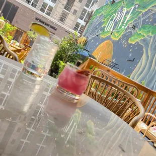 a table with a drink on it