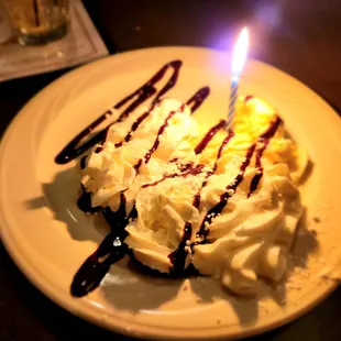 a piece of cake with a lit candle