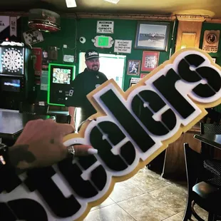 a man holding a sign